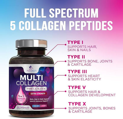 Multi Collagen Pills 2400 mg Per Serving - Advanced Types I, II, III, V, X - Hydrolyzed Multi Collagen Peptides Pills Supplement for Women & Men - Hair, Skin, & Nail Support Supplements - 180 Capsules