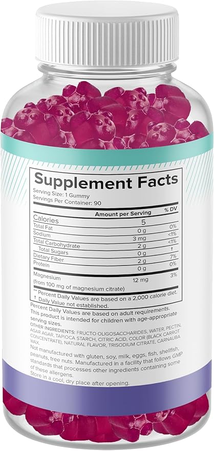 Sugar Free Magnesium Gummies for Kids - Chewable Kids Magnesium Supplement, Calm & Sleep Support, Anti-Stress, Bone Health, Muscle Relaxation, Non-GMO Gluten-Free, Natural Great Taste 90 Vegan Gummies