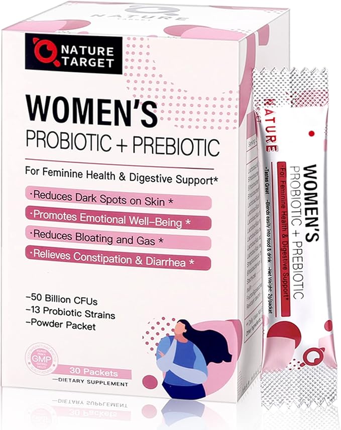 NATURE TARGET Probiotics for Women Probiotic Powder - 50 Billion CFUs, 13 Strains Supports for Digestive Vaginal Health, Bloating Relief, 30 Stick Packs