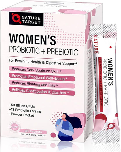 NATURE TARGET Probiotics for Women Probiotic Powder - 50 Billion CFUs, 13 Strains Supports for Digestive Vaginal Health, Bloating Relief, 30 Stick Packs
