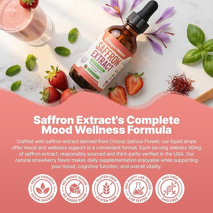 Saffron Supplements for Kids & Adults – Made with Pure Saffron Extract – Vegan, Fast Absorbing – Mix with Drinks – Supports Eye Health, Emotional Balance and Antioxidant Level Boost (Strawberry, 60mL)