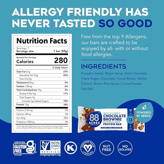 88 Acres Pumpkin Seed Protein Bars, Fudge Brownie, 9 Count, 12g Plant-Based Protein, Gluten Free, Nut Free, School Safe Snack Bar, Vegan, Non-GMO, Individually Wrapped
