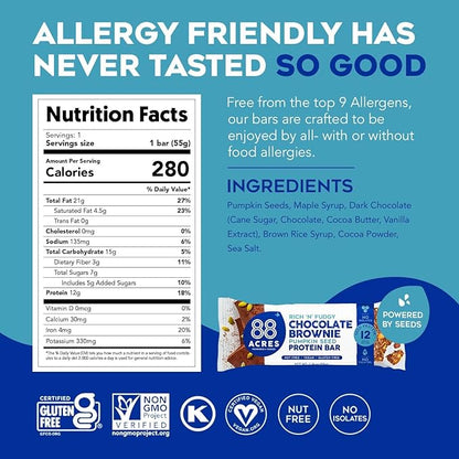 88 Acres Pumpkin Seed Protein Bars, Fudge Brownie, 9 Count, 12g Plant-Based Protein, Gluten Free, Nut Free, School Safe Snack Bar, Vegan, Non-GMO, Individually Wrapped