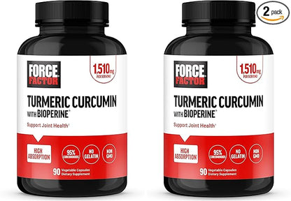 Force Factor Turmeric Curcumin Supplement with Black Pepper, Joint Support Supplement with BioPerine for Enhanced Absorption, No Gelatin, Non-GMO, 90 Capsules (Pack of 2)