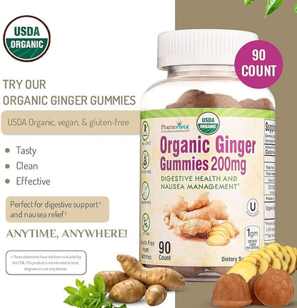 Pharmvista USDA Organic Ginger Gummies 200mg 90 Count for Nausea Management and Digestive Health