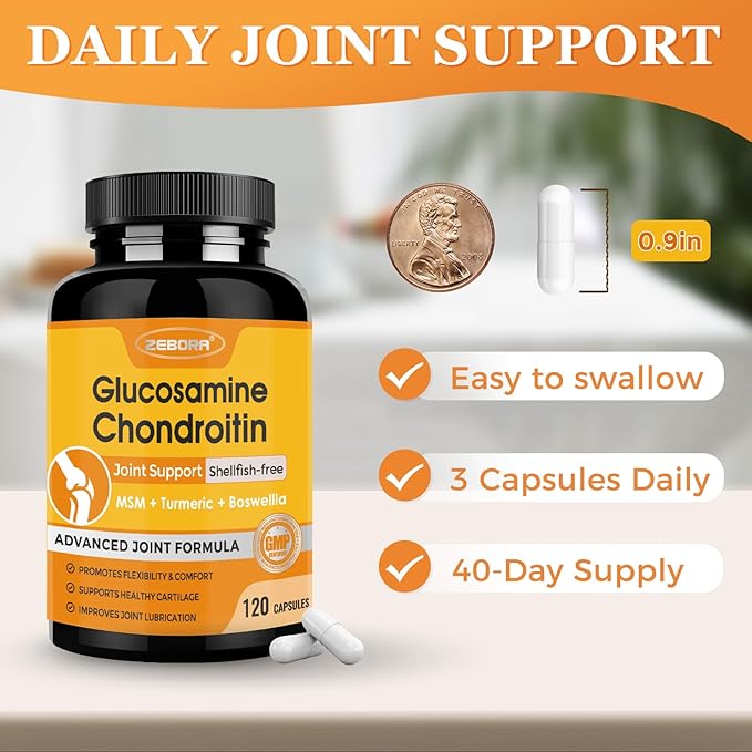 ZEBORA Glucosamine Chondroitin, Joint Supplements for Women/Men, with MSM, Turmeric, Joint Support Supplement, Shellfish-Free, 120 Capsules