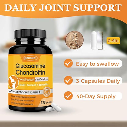 ZEBORA Glucosamine Chondroitin, Joint Supplements for Women/Men, with MSM, Turmeric, Joint Support Supplement, Shellfish-Free, 120 Capsules