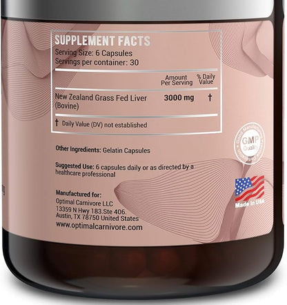 Optimal Carnivore Grass Fed Beef Liver Capsules, Freeze Dried in Convenient Pills, 180 Capsules, Desiccated Supplement
