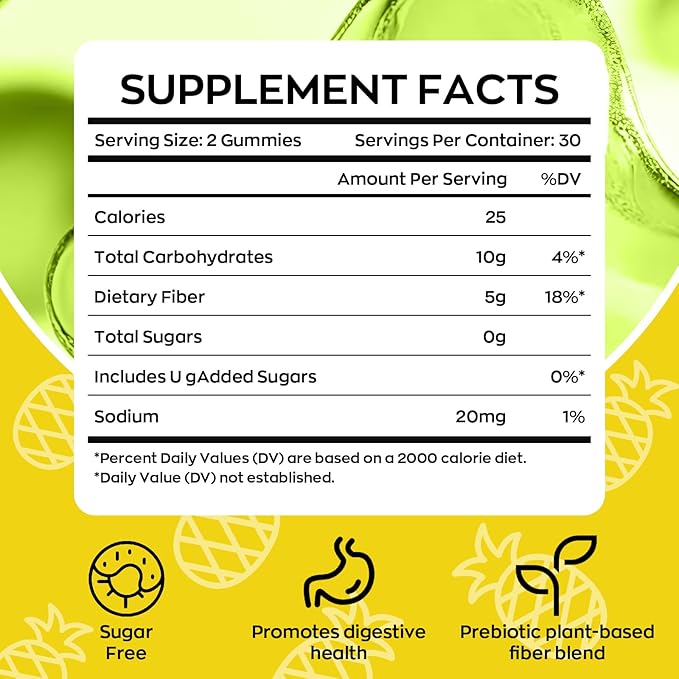 Fiber Gummies for Adults with Probiotics，No Sugar Added Pineapple Flavor, Promotes Gut Health and Regulate Bowel Movement, Vegan (60 Count（Pack of 1）)