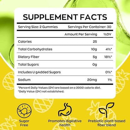 Fiber Gummies for Adults with Probiotics，No Sugar Added Pineapple Flavor, Promotes Gut Health and Regulate Bowel Movement, Vegan (60 Count（Pack of 1）)