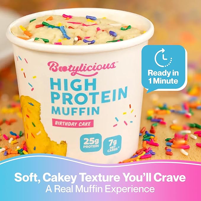 Bootylicious | 25g Protein Muffin | Birthday Cake | Low Carb, 16g Fiber, Low Glycimic Index, Low Sugar, 2.54oz Cup, 12-Pack