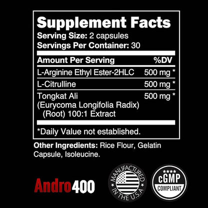 Andro400 Max Advanced T-Support & Nitric Oxide Booster – Traditional Tongkat Ali 100:1 Extract with L-Arginine & L-Citrulline – Supports Circulation and Physical Performance – 180 Capsules