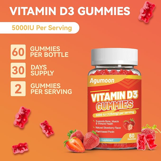Vitamin D3 5000 IU 125mcg Gummies - Vitamin D Gummies for Adults, Support Immune, Bone, Muscle Health - Non-GMO, Gluten-Free, Dairy-Free, No Gelatin, 60 Count, Strawberry Flavor
