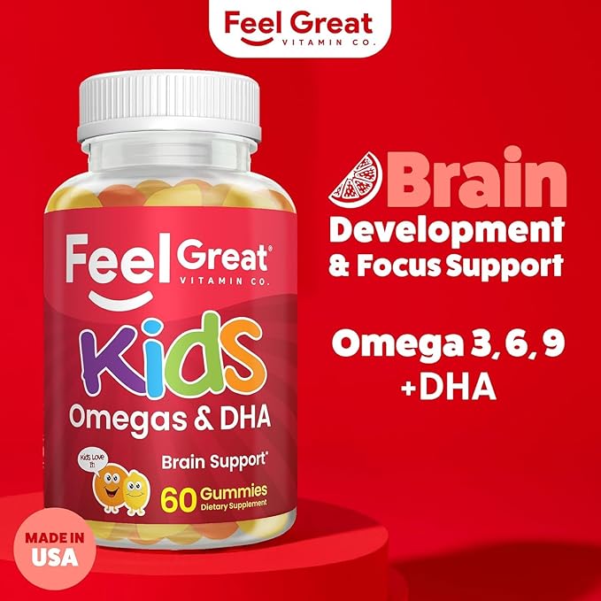 Feel Great Vitamins Kids DHA Gummies with Omega 3 6 9, Vitamin C | Supports Healthy Brain Function, Vision & Heart Health | Gluten Free, Vegetarian | 4 Pack