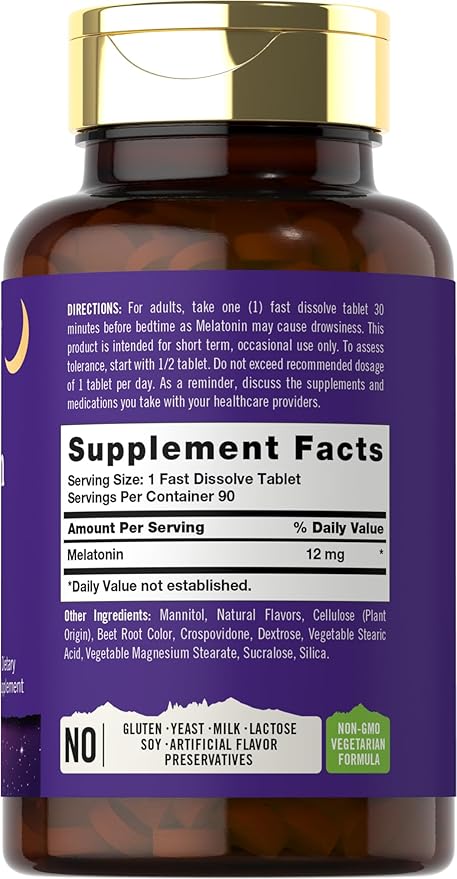 Tahoe Nutritionals Melatonin 12mg Fast Dissolve Tablets | 90 Pills | Berry Flavored Supplement for Adults | Vegetarian, Non-GMO, Gluten Free