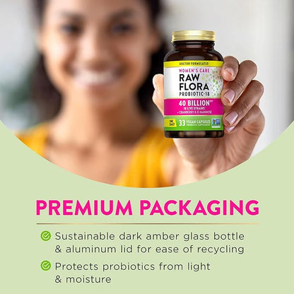 Raw Flora Women's Probiotics | Dr. Formulated 40 Billion CFU + Prebiotics | Digestive, Vaginal & Urinary Support | 33 Vegan Capsules with Cranberry & D-Mannose | Shelf Stable