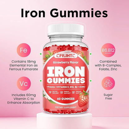 Iron Gummies for Women & Men - Iron Supplement with Vitamin B6, B12, C, Zinc, Folate for Adults & Kids - Support Iron Deficiency, Anemia, Energy Boost, Blood Builder - Sugar Free Vegan 60ct Strawberry