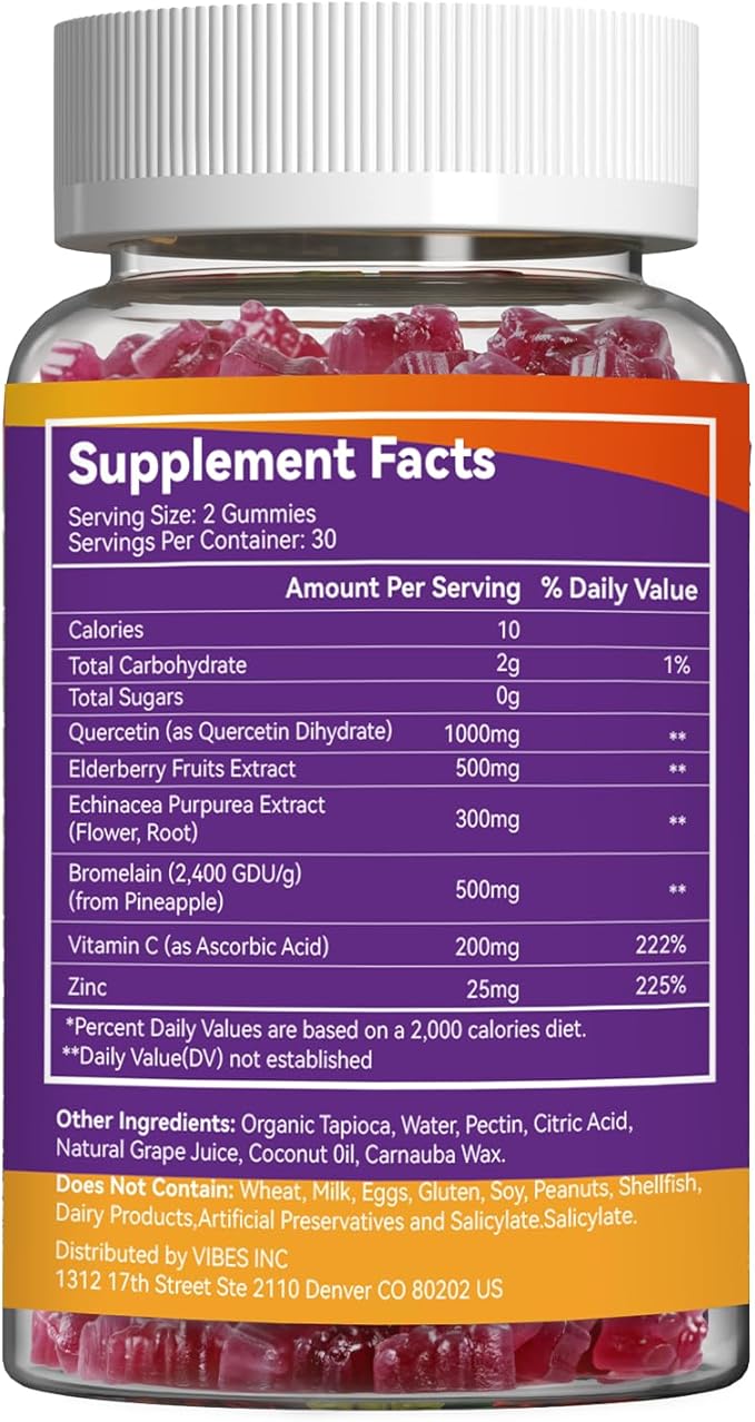 2 Pack Quercetin Gummies, 1000mg Quercetin with Bromelain Zinc Elderberry, Immune & Antioxidant Support, Vegan Gummies for Adults & Kids, 120 Count