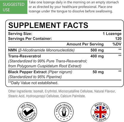 Sublingual NMN 500mg + Trans-Resveratrol 400mg, 3-in-1 Advanced Formula 99% Pure NMN Resveratrol Supplement for Boost* NAD, Cell, Immune, Energy & Muscle, Anti-Aging, 120 Lozenges (120-Day Supply)