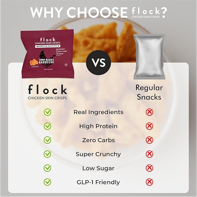 Flock Keto Chicken Skin Chips | Terry Black's BBQ Flavor | Low Carb, High Protein, Gluten-Free Chicken Crisps, Keto Snack, Low Carb Chips, Protein Crackers, Diet Snacks, 8-Pack (1oz)