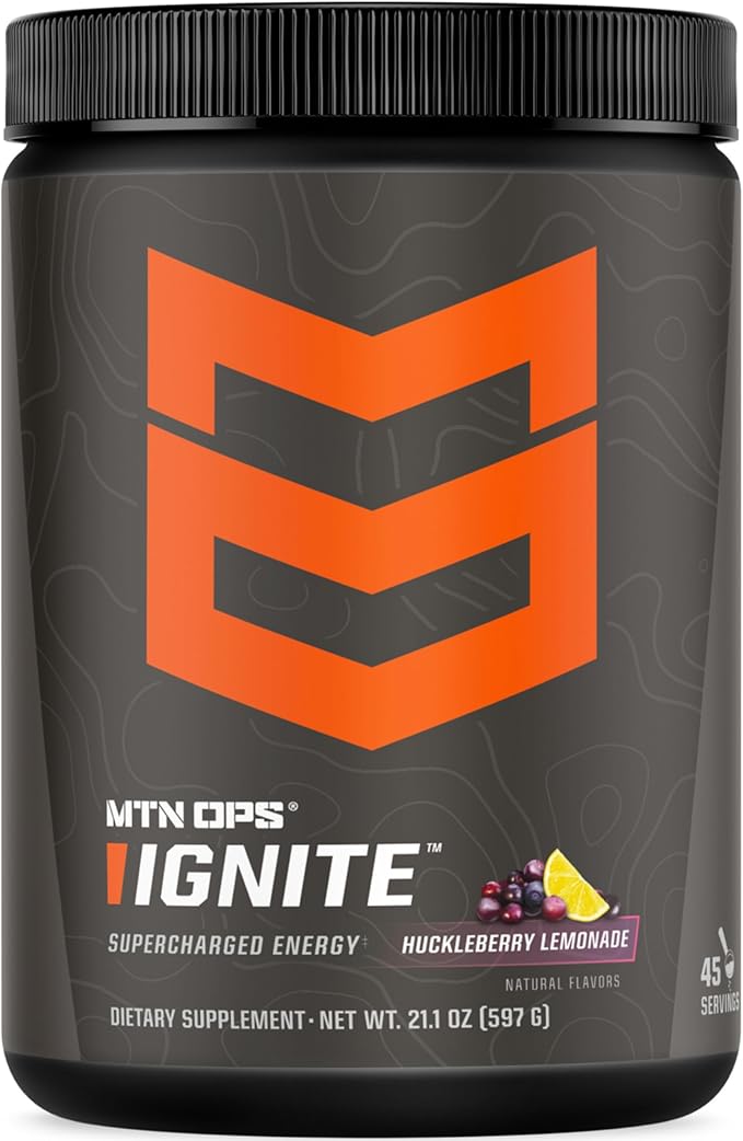 MTN OPS Ignite Sugar Free Energy Drink Powder with 200mg Caffeine, Nootropic Blend for Energy, Focus & Endurance, L Arginine & L Citrulline Pre Workout, 45 Servings, Huckleberry Lemonade