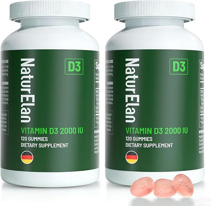 NaturElan 2 Pack Vitamin D3 Gummies - 240 Gummies, 2000 IU Vitamin D3 per Gummy, Sugar Free, Boost Bones, Mood & Immune System Function, Yummy Peach Flavor, Vegan, Non-GMO & Gluten Free, 240 Servings
