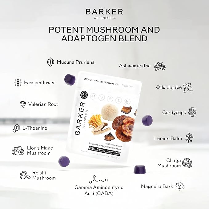 Barker Wellness Nighttime Vegan Sugar-Free Adaptogen Mushroom Gummies – Reishi, Lion's Mane, Chaga, Cordyceps for Calm, Rest & Recovery – Non-GMO Sleep Support & Relaxation Supplement, 60 Count