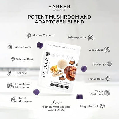 Barker Wellness Nighttime Vegan Sugar-Free Adaptogen Mushroom Gummies – Reishi, Lion's Mane, Chaga, Cordyceps for Calm, Rest & Recovery – Non-GMO Sleep Support & Relaxation Supplement, 60 Count