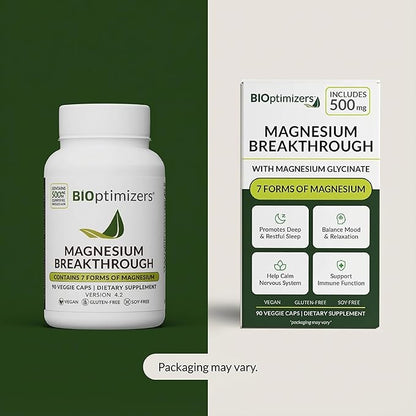 BIOptimizers Magnesium Breakthrough Supplement with 500mg - 7 Forms of Magnesium: Glycinate, Malate, Citrate, and More - Natural Support for Sleep and Cognitive Function -90 Capsules- Calming Vitamins