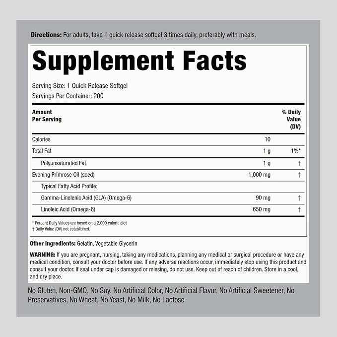 Piping Rock Evening Primrose Oil Softgels 1000mg | 200 Pills | Cold Pressed Dietary Supplement | Non-GMO, Gluten Free