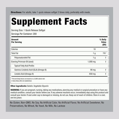Piping Rock Evening Primrose Oil Softgels 1000mg | 200 Pills | Cold Pressed Dietary Supplement | Non-GMO, Gluten Free