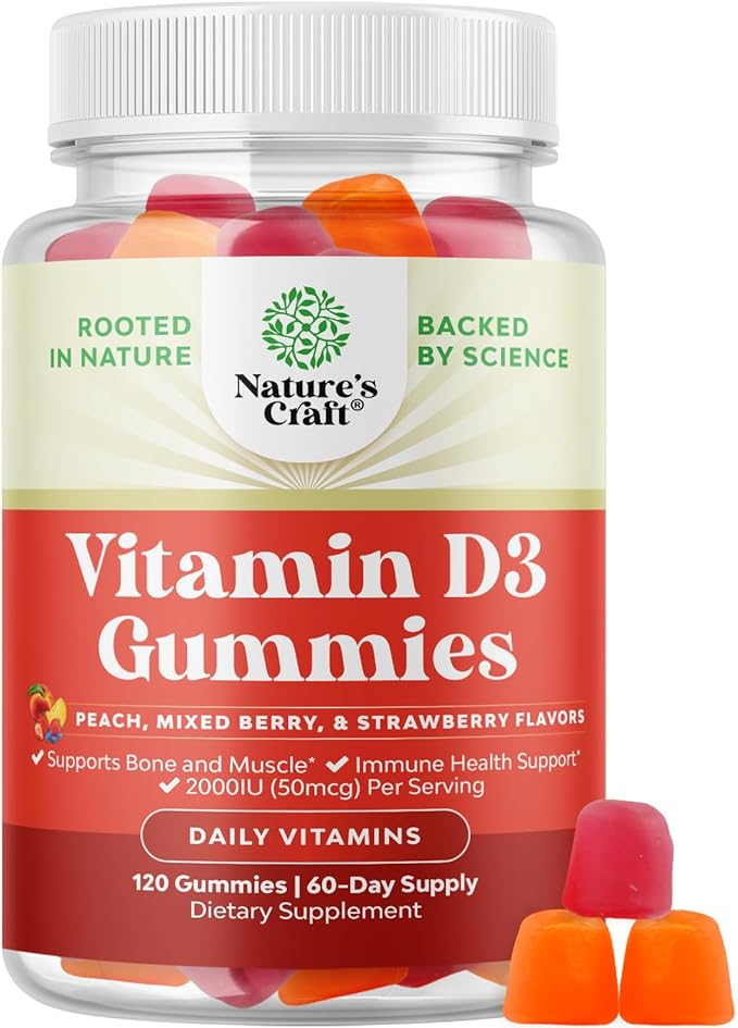 Natures Craft Vitamin D3 Gummies for Daily Wellness - Delicious Vitamin D Gummies for Adults with D3 2000IU per Serving Bone Muscle & Immune Support - Non-GMO Gelatin & Gluten Free - 120 Count