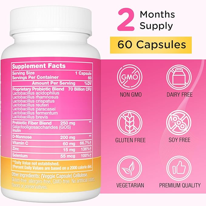 70 Billion CFUs Vaginal Probiotics, PH Balance with Probiotic & Prebiotic & D-Mannose, Women Probioticos for Odor & Flora, Yeast, vag, Urinary Health, GMO-Free, 60 Days Supply