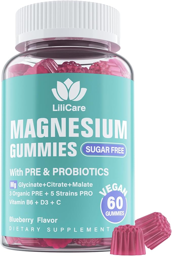 LILICARE Triple Magnesium Complex Gummies 400mg with Prebiotics & Probiotics 5 Billion CFUs, Magnesium Glycinate, Supplement Gummies with Vitamin B6, D3 & C for Muscles & Mood - 60 Count (Pack of 1)