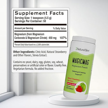 NaturalSlim MagicMag Magnesium Citrate Powder Drink for Relaxation, Stress, Constipation, Better Rest & Digestive Health, Magnesium Supplement for Women and Men, Strawberry & Lime Flavored 8oz