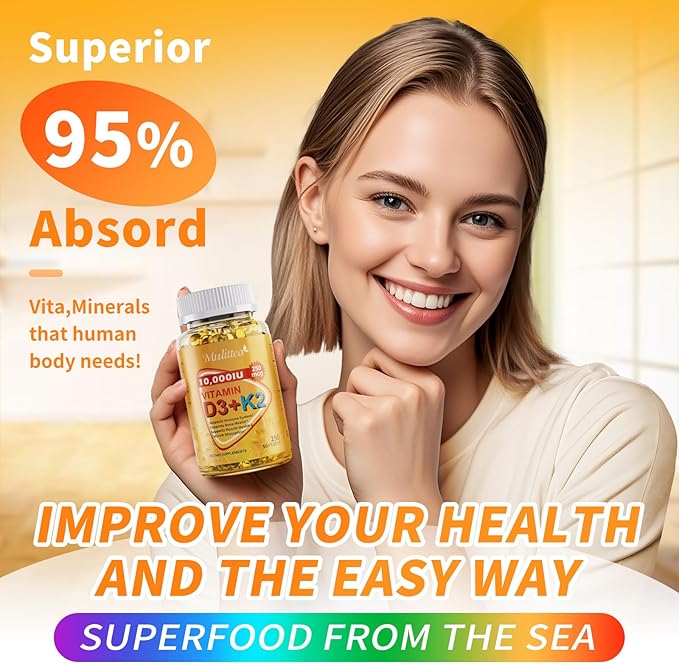Plant-Based D3 K2 Vitamin 10000 IU w/ Virgin Coconut MCT Oil - 200 mcg MK7 Vitamin K2, Non-GMO for Ultimate Absorption - Bone, Immune & Heart Health - Easy to Swallow D & K Supplement - 250 Softgels