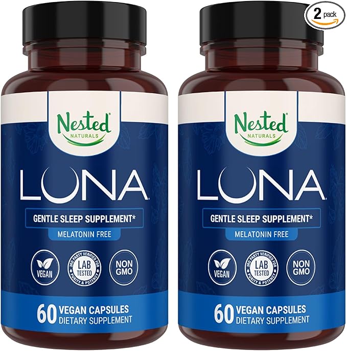Nested Naturals Luna Melatonin-Free Pack of Two, Bedtime Supplement for Adults, Herbal Nighttime Sleeping Capsule, Valerian Root with Chamomile, Lemon Balm, Non-GMO, Gluten-Free