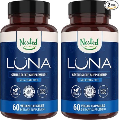 Nested Naturals Luna Melatonin-Free Pack of Two, Bedtime Supplement for Adults, Herbal Nighttime Sleeping Capsule, Valerian Root with Chamomile, Lemon Balm, Non-GMO, Gluten-Free