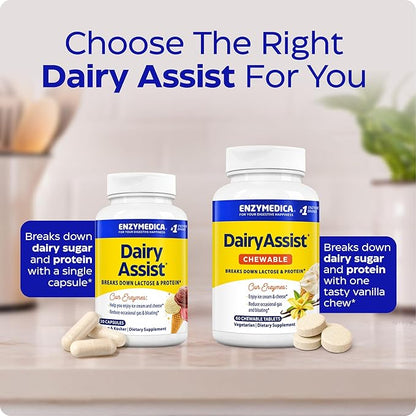 Enzymedica DairyAssist, 2-in-1 Digestive Enzymes for Dairy, Lactose and Casein Digestion, Fast-Acting Formula for Gas and Bloating Relief, 30 Capsules