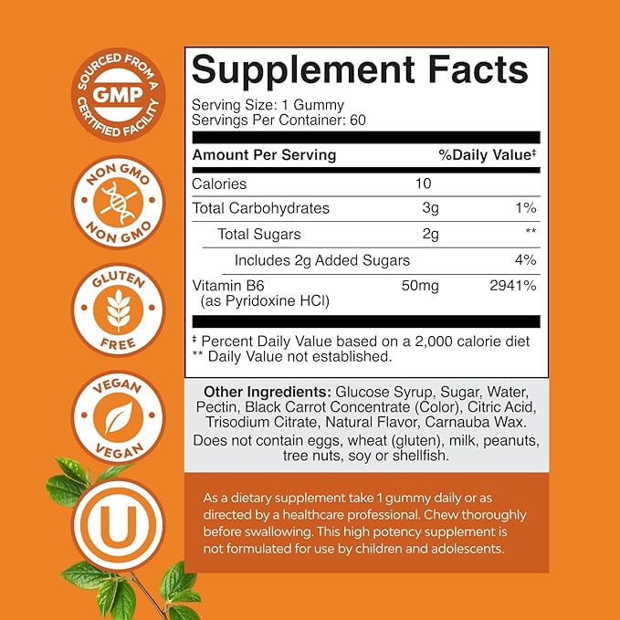 Potent Vitamin B6 Gummies for Adults - Vitamin B6 50mg Per Serving Gummy Vitamins for Women and Men for Immune Nerve and Mood Support - Vegan Kosher B6 Vitamins Gummies for Women and Men - 60 count