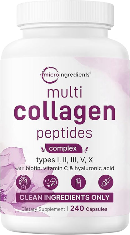 Micro Ingredients Multi Collagen Pills for Women & Men, 240 Capsules | Type I, II, III, V, X | Hydrolyzed Peptides with Biotin, Hyaluronic Acid, & Fat Soluble Vitamin C Complex | Non-GMO, Filler Free