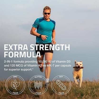 Bronson Vitamin K2 (MK7) with D3 Extra Strength Supplement Bone and Heart Health Non-GMO Formula 10,000 IU Vitamin D3 & 120 mcg Vitamin K2 MK-7 Easy to Swallow Vitamin D & K, 250 Capsules