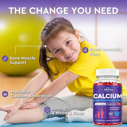 Calcium Potassium Magnesium Gummies for Kids & Adults, with Hydrolyzed Collagen, Zinc, Phosphorus, Multivitamin for Sleep, Bone Strength, Density Support, Sugar Free, Strawberry Flavor,120ct