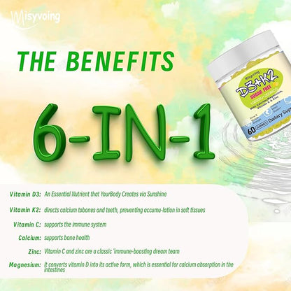 Vitamin D3K2 Gummies,Vitamin D3 10000 IU with K2 200mcg,VitaminC,Calcium,Magnesium,Zinc,Support for Bones,Joints,Muscles,Nerves,and Immune System (60, Lemon，Sugar-Free)