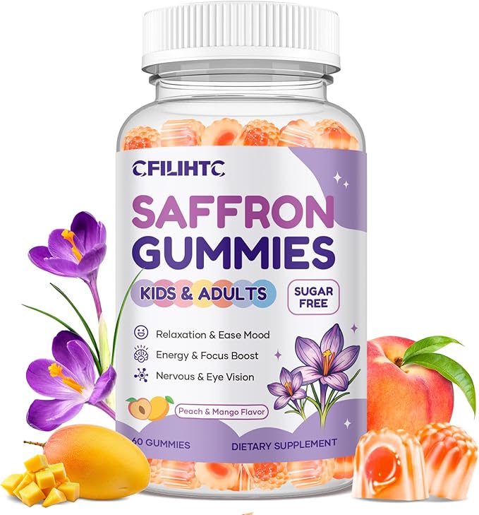 Saffron Gummies for Kids & Adults, 20-in-1 Saffron Supplements with 88.5mg Saffron Extract, B6, B12, C, D3, Magnesium for Calm, Focus, Nerve, Sugar Free, Vegan, Non-GMO, Peach Mango Flavor, 60 Counts