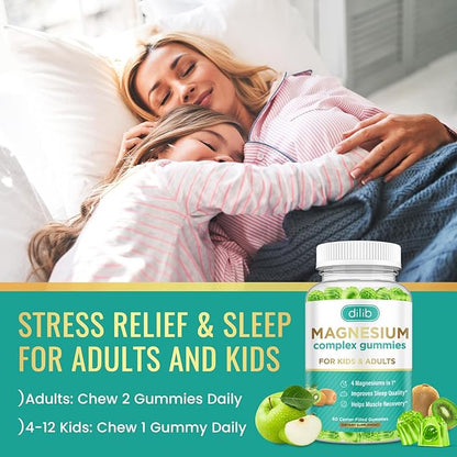 Magnesium Complex Gummies for Kids & Adults- Magnesium Glycinate, Taurate, Citrate, Malate Supplement-Support Calm Stress Relief, Bone, Muscle, Mood Vegan, Green Apple & Kiwi Flavor, 60 Gummies