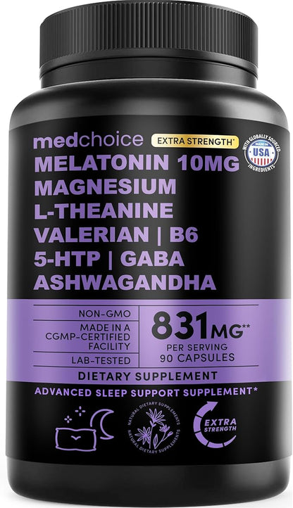 12-in-1 Melatonin Sleep Extra Strength Capsules - 10mg Melatonin Extra Strength with Magnesium and Balanced Blend of Ashwagandha, GABA, Chamomile Extract, L-Theanine & Valerian Root 10:1 Extract 90ct