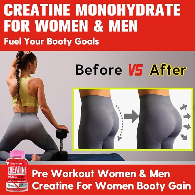 Creatine Monohydrate Gummies for Men & Women - Creatine Pre-Workout Gummies with Taurine & Vitamin B6 B12 for Maximum Strength, Muscle, Energy, Endurance & Focus, Organic, Vegan-60 Count