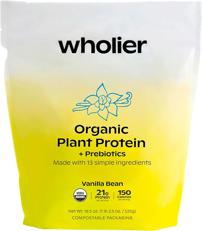 wholier Organic Plant Protein + Prebiotics. Clean Vegan Protein. 21g of Protein. 12 Real Plant Ingredients. Prebiotic Fiber. No Natural Flavors, Gums or Fillers. Vanilla Bean (1 lb. 3 oz.)
