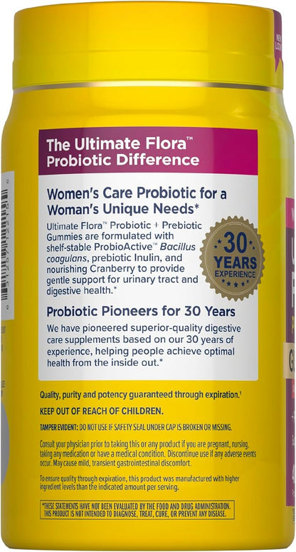 Renew Life Women's Care Cherry Prebiotic and Probiotic Gummies, Digestive, Urinary Tract and Immune Health, B. Coagulans and B. Subtilis, Dairy, Soy and gluten-free, 2 Billion CFU 48 Count